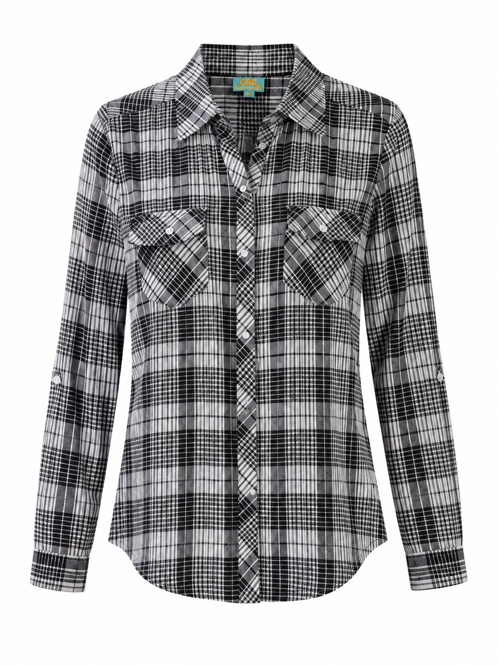 C&C California Plaid Button Down Shirt Medium Roll Tab Sleeves Black White Grau